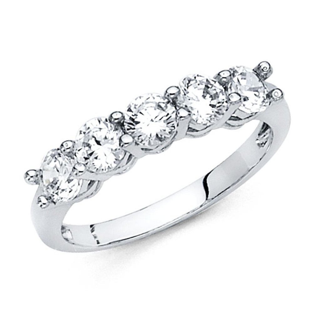 14K White Gold 5 Stones Wedding Anniversary Band - Picture 2 of 8
